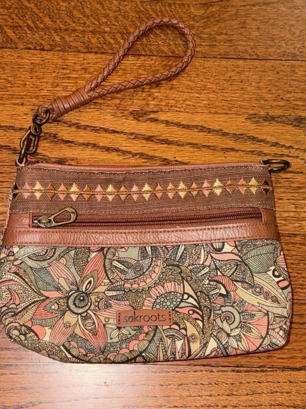 Sakroots Brown Floral Canvas Wristlet with Pink & Cream Accents